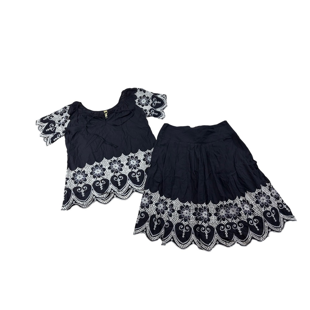 Chenault Black White Eyelet Cotton Skirt Set Peasant Top Boho Floral 2 Piece S 8
